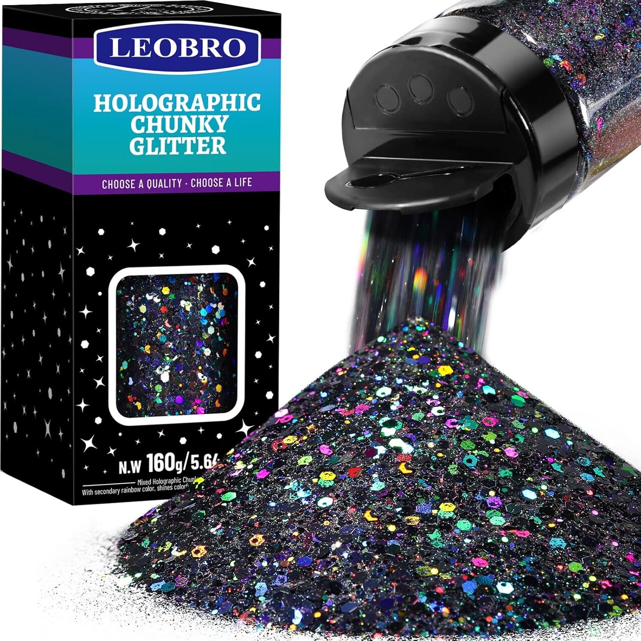 Black Glitter, Holographic Chunky Glitter, 160G/5.64OZ Glitter, Craft Glitter for Resin, Metallic Iridescent Chunky Fine Glitter Flake Bulk, Glitter for Nail Body, DIY Halloween Decorations